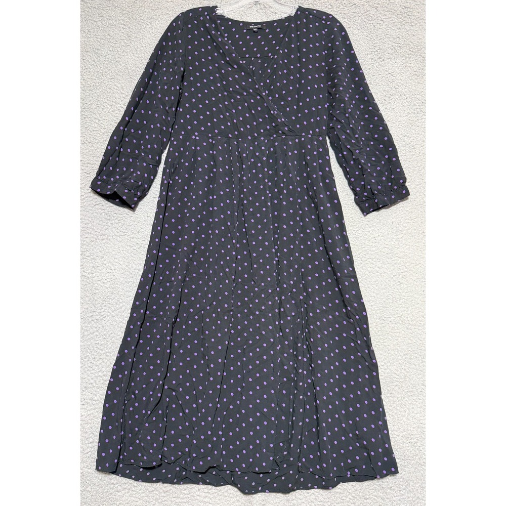 Madewell Faux-Wrap Midi Dress XS Polka Dot Sustainable Black Purple